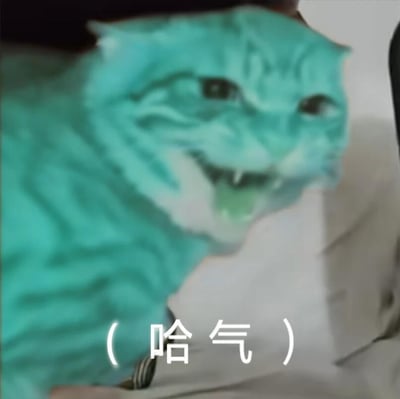 一张经过颜色处理的猫咪表情包，猫咪被P成了蓝绿色毛发，表情凶狠，嘴巴微张露出牙齿，似乎在发出威胁性的哈气声。图片下方配有文字“（哈气）”，生动展现了猫咪生气时的状态，整体风格搞笑又带点反差萌。