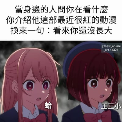 图片上半部分为文字内容，描述了当身边的人问自己在看什么，自己介绍最近很火的动漫后，却被对方说“看来你还没长大”的情景。下半部分是动漫截图，两个穿着制服的女性角色，左边粉色头发角色和右边深红色头发角色都睁大眼睛，露出惊讶的表情，下方分别配有“蛤”和“工三小”的字幕，整体表达了动漫爱好者被质疑时的惊讶与无奈情绪。