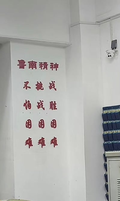 这是一张室内实拍图，墙面张贴着鲁南企业的文化标语，标题为“鲁南精神”，下方的标语文字采用了特殊的错位横向排列：“不挑战”“怕战胜”“困困困”“难难难”，实际正确的解读应为竖列读取的“不怕困难，挑战困难，战胜困难”，这种排版制造出有趣的视觉错觉，容易让人第一眼读错。画面右侧可见监控摄像头与文件收纳架，场景大概率为鲁南系企业的办公区域。