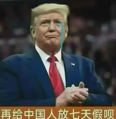 这是一张单人照片改图类表情包。画面主体是真实人物唐纳德·特朗普，他身穿深蓝色西装、白色衬衫，系红色领带，双手在胸前交握。原图基础上在其左脸添加了一道垂直的蓝色卡通眼泪，使其看起来像在委屈地哭泣或恳求。图片底部有一条橙色横幅，上面用醒目的浅色简体中文写着“再给中国人放七天假呗”。文案以夸张、撒娇式的口吻，把人物塑造成替中国人请求延长假期的形象，制造出荒诞、搞笑的效果。结合补充信息中的原文件名“警惕境外势力宣传躺平思想.jpg”，整张图实际是在用反讽和玩梗的方式表达对长假的向往，属于网络常见的名人恶搞表情包。