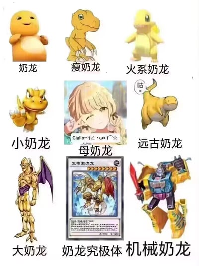 这是一张九宫格拼贴整活梗图，玩“万物皆可奶龙”的搞笑套路，将不同ACG作品里的黄色系龙类、类似形象，甚至动漫角色都冠以“XX奶龙”的命名：
1. 奶龙：原创IP里圆滚滚的黄色奶龙形象
2. 瘦奶龙：《数码宝贝》的亚古兽
3. 火系奶龙：《宝可梦》的小火龙
4. 小奶龙：《洛克王国》的火花
5. 母奶龙：《别当欧尼酱了！》里绪山真寻的玩梗图，附带她的经典台词“Ciallo～(∠・ω<)⌒☆”
6. 远古奶龙：类似龙类的动漫形象
7. 大奶龙：《游戏王》的混沌战士
8. 奶龙究极体：《游戏王》的生命激流龙卡牌
9. 机械奶龙：《变形金刚》的机械龙角色

整体是网友自发的二次创作整活，通过强行给不同角色套“奶龙”相关名字制造沙雕搞笑效果，没有双关或谐音梗，纯玩梗整活。