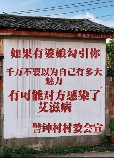 一张乡村建筑外墙上的艾滋病防治宣传标语照片。白色墙面上用红色大字写着："如果有婆娘勾引你 千万不要以为自己有多大魅力 有可能对方感染了艾滋病 警钟村村委会宣"。背景可见瓦片屋顶和部分绿植，整体呈现出典型的农村宣传场景。