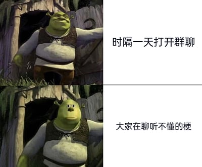 这是一张由美国动画《怪物史莱克》截图改编的上下对比式表情包。上半部分中，史莱克站在木屋门口，嘴角上扬，表情轻松得意，配文“时隔一天打开群聊”，还原了用户刚打开群聊时的轻松心态；下半部分的史莱克则眼睛睁大、嘴巴微张，表情错愕茫然，配文“大家在聊听不懂的梗”，精准刻画了用户发现群内聊天内容全是自己脱节的新梗时的尴尬与茫然，生动展现了群聊中梗更新速度快，短暂脱节就无法融入聊天的日常场景。