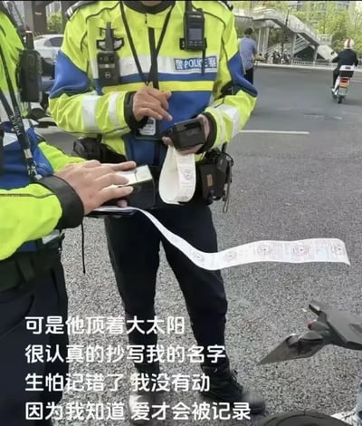 图片中两位交警正在现场开罚单，画面下方配有一段极具诗意的文案，给严肃的执法场景带来意外的浪漫氛围。文案将开罚单的过程比喻为“认真抄写我的名字”，并升华到“爱才会被记录”的哲理，引发观者莞尔一笑。整体有明显的网络幽默、反差感。没有明显的双关或谐音梗，但借用日常执法场景制造情感反差，形成趣梗。