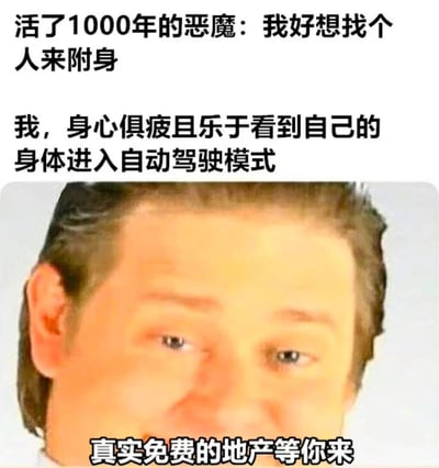 这张梗图通过幽默的方式对比了千年恶魔想找身体附身的渴望和现代人身心俱疲、希望进入"自动驾驶模式"的状态。上方文字写着"活了1000年的恶魔：我好想找个人来附身"，中间文字是"我，身心俱疲且乐于看到自己的身体进入自动驾驶模式"，下方是一张表情略显困惑的男性面部特写，底部配文"真实免费的地产等你来"，形成了有趣的反差萌效果。