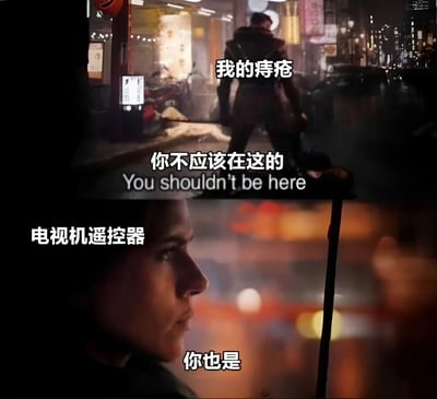 图片为上下拼接的电影截图梗图。上半部分是夜晚霓虹灯街道场景，一名身着深色外套的男子背对镜头站立，配文“我的痔疮：你不应该在这的”及英文翻译“You shouldn't be here”；下半部分是另一人物的侧脸特写，背景为模糊的城市灯光，配文“电视机遥控器：你也是”。通过将电影中严肃的对峙场景台词替换为“痔疮”和“遥控器”这两个日常物品的拟人化对话，形成无厘头的幽默效果。
