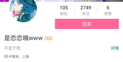 这是一张社交媒体个人主页的截图，展示了用户"是恋恋哦www"的账号信息。页面上方有一个圆形头像，里面是一个蓝发动漫女孩抱着花束的插画。头像右侧显示了用户数据：105粉丝、2749关注和6获赞。中间位置有一个醒目的粉色"回关"按钮。用户名称"是恋恋哦www"旁边有一个LV4等级标识，个人简介写着"不至于吧"，IP属地显示为上海，右侧还有一个"详情"链接。