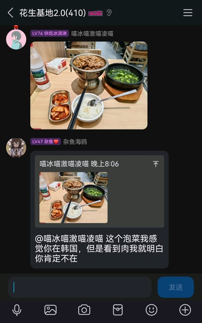 这是一张国内社交软件的群聊截图，群名为“花生基地2.0(410)”。用户“喵冰喵激喵凌喵”在群内分享了一份韩餐套餐的照片，套餐包含带加热底座的肉类料理、石锅烹制的青菜、一碗米饭、双格分装的泡菜，旁边还有一瓶饮品。随后用户“杂鱼海鸥”引用该照片并@分享者，用韩国餐食通常肉量较少的刻板印象进行调侃，表示看到泡菜以为对方在韩国，但看到这份餐食里充足的肉量就知道并非如此，是群友间轻松的日常互动。