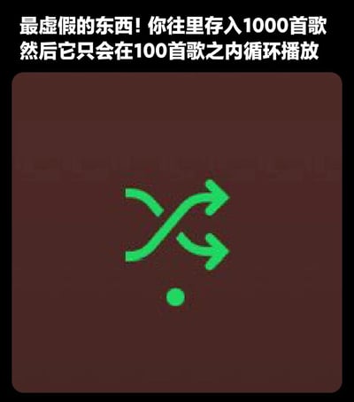 这张图展示了一个绿色的随机播放图标，背景为深色，上方配有文字：'最虚假的东西！你往里存入1000首歌然后它只会在100首歌之内循环播放'。图中文字幽默地吐槽了音乐软件随机播放功能的'虚假性'——即使用户拥有庞大的音乐库，软件似乎仍局限于小范围歌曲循环，引发用户共鸣。