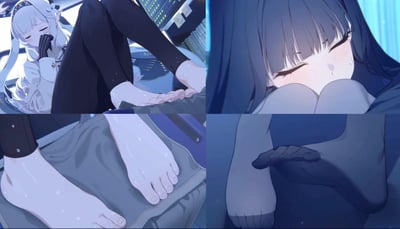 这是由四张图拼接成的画面，出自游戏《蔚蓝档案》，展示了两个女角色的互动场景：左上的白洲梓（银发精灵耳角色）面带羞涩，用手掩着嘴，双脚放在另一角色身上；右上的妃咲（黑发角色）脸颊泛红，双眼紧闭，露出羞涩的神情；下方两张图分别特写了带汗珠的白皙双脚，以及脚和手的互动，整体氛围暧昧私密，带有羞涩的情绪。