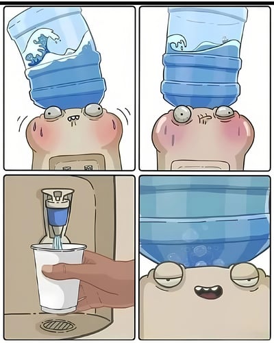 四格连环漫画描绘了一个头顶蓝色饮水机的卡通小人的有趣经历。第一格：小人脸颊通红、额头冒汗，表情紧张地顶着装满水的饮水机；第二格：小人眉头紧锁，表情更加痛苦，饮水机内的水面晃动；第三格：一只手正在饮水机下方接水，水流正常；第四格：小人双眼微闭，嘴角上扬露出满足笑容，饮水机内出现气泡。整体通过夸张的设定展现轻松搞笑的氛围。