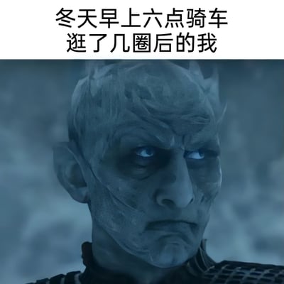 这是一张搞笑吐槽类的表情包，上方配有文字“冬天早上六点骑车逛了几圈后的我”，下方选用美剧《权力的游戏》中异鬼的面部特写截图。异鬼本身是极北之地的寒冷生物，其苍白灰蓝、布满纹路的僵硬脸庞，搭配冷峻麻木的神情，精准且夸张地还原了人们在冬天清晨户外骑行后，被冻得面部僵硬、神情麻木的状态，用影视角色的形象生动地吐槽了冬日清晨户外的刺骨寒冷，容易引发有类似冬日户外经历的人的共鸣，充满趣味性。