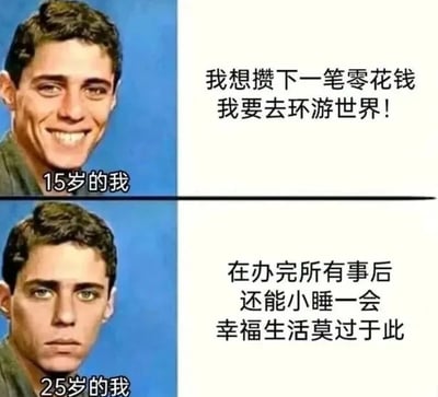 这是一张上下结构的对比类梗图，整体分为上下两部分：上半部分左侧是面带阳光笑容、神态充满朝气的年轻男性人像，下方标注“15岁的我”，右侧配文为15岁时的远大愿望“我想攒下一笔零花钱 我要去环游世界！”；下半部分左侧是同一男性神态麻木、面无表情的人像，下方标注“25岁的我”，右侧配文为25岁时对幸福的朴素期待“在办完所有事后 还能小睡一会 幸福生活莫过于此”。图片通过两个年龄段人生期待的巨大落差，生动调侃了当代年轻人步入社会后面临生活压力、幸福感阈值大幅降低的普遍现状，很容易引发大众共鸣。