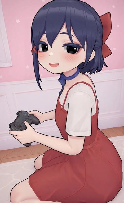 这是一张AI生成的二次元风格插画，画面中的深蓝色短发少女扎着红色蝴蝶结，身着白色短袖内搭与红色背带裙，正坐在房间的地面上，双手握持黑色游戏手柄，脸上带着害羞的红晕，神情兴奋又愉悦，看起来正沉浸在游戏的乐趣中，整体氛围轻松治愈，充满日常感。