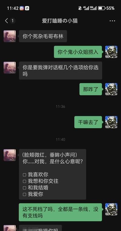 这是一张竖屏的微信聊天界面截图，聊天窗口备注为“爱打瞌睡の小猫”，对话双方前期以带有玩笑性质的昵称互怼，之后一方模仿恋爱乙女游戏的剧情模式，先描述自身状态为脸颊微红、垂眸小声询问，向另一方提问“你……对我，是什么心意呢？”，并给出四个全部为正向亲密关系的单选选项，分别是“我喜欢你”“我想和你交往”“和我结婚”“我爱你”，另一方看到选项后没有按预期选择，反而吐槽这些选项全是同一条主线的死档，没有其他支线可以选择，最后玩梗的一方被吐槽后直接爆了粗口，整体对话充满反差笑点。