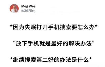 这是一张社交媒体截图，用户Meg Wes（@30Flirty）分享了自己失眠时的有趣经历：因为失眠打开手机搜索解决办法，结果第一条建议是“放下手机就是最好的解决办法”，于是她继续搜索“第二好的办法是什么”。内容幽默地展现了人们依赖手机解决问题时的矛盾心理，充满自嘲和无奈。