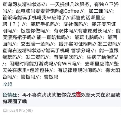 图片为手机截图，内容是一系列围绕“查询网友精神状态”的搞笑离谱提问，如“一天提供几次服务，有独立卫浴吗”“配电脑吗麦麦管饱吗”，充满调侃和自嘲意味，反映了部分网友的幽默宣泄心态。下方突然出现含敏感词的不当威胁言论，形成强烈反差。底部可见“nova 9 Pro (4G)”设备标识。