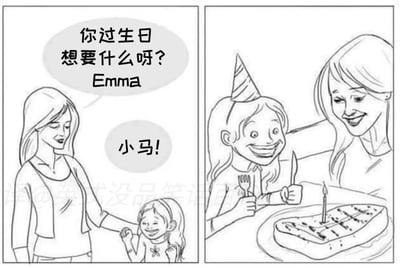 这是一组两格的黑白线稿连环漫画，第一格中，一位面带笑容的女士牵着小女孩Emma的手，温柔地询问她生日愿望，Emma兴奋地举着拳头大喊想要“小马”；第二格的场景切换到餐桌前，Emma戴着生日帽，和女士一起拿着刀叉，桌上摆着一份插着生日蜡烛的马肉排，Emma和女士都一脸开心，漫画通过曲解孩子的愿望，将“小马（动物）”解读为“马肉”做成的餐品，用黑色幽默的方式制造笑点。
