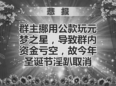 这是一张用于群内玩梗的黑白搞笑梗图，顶部以醒目的“悲报”字样引出内容，正文用夸张戏谑的语气调侃群主挪用群内公款玩游戏《元梦之星》，导致群内资金亏空，因此取消今年的圣诞节派对（文案中“淫趴”为夸张玩梗的说法）。图中用正式严肃的“悲报”形式包装搞笑离谱的内容，制造强烈反差感，以此达到调侃娱乐的效果，无特殊双关、谐音梗或暗示内容。