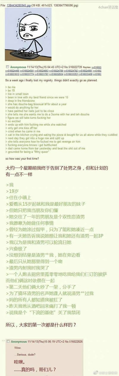 这是一张经过翻译的4chan论坛匿名帖子截图，顶部配有一个表情痛苦、正在敲键盘的卡通小人，对应发帖者的崩溃心情。帖子内容为一名19岁小镇男生分享自己极度悲催的破处经历：他爱慕多年的女性好友提出三人3P，他满怀期待以为能和女生发生关系，结果却是被女生的双性恋男友肛交，过程中他痛苦哭泣，事后只能独自吃订好的披萨，而女生和男友依偎在一起；之后女生为了报复男友，到处宣扬这件事，导致全镇人都知道他被肛交，最后他还被父亲痛打并禁足。帖子最后楼主询问大家的第一次性经历，下方有其他匿名用户的震惊回复，内容充满荒诞和悲催感，引发读者的同情与调侃。