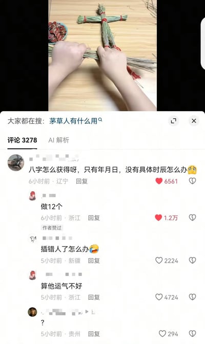 这张图是竖版社交媒体截图，上半部分展示了有人在木质桌面上用茅草捆扎制作十字形茅草人的场景，旁边还摆放着装有红色片状物品的小碗；下半部分是该内容的评论区，顶部显示大家都在搜“茅草人有什么用”，评论区有网友提问算八字只有年月日没有具体时辰该如何操作，有网友回复“做12个”，随后又有网友问如果插错人了怎么办，前者回复“算他运气不好”，对话充满无厘头的玩梗氛围，十分搞笑。