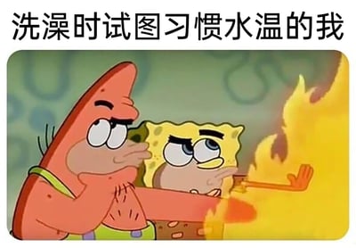 这是一张经过二次创作的搞笑表情包，图片上方配有文字“洗澡时试图习惯水温的我”。画面中是美国动画《海绵宝宝》里的两个经典角色派大星和海绵宝宝，派大星眉头紧皱，表情痛苦隐忍，手臂挡在身前，手放在下巴处；海绵宝宝同样眉头紧锁，眼神痛苦，嘴巴微张，他伸出的右手正燃着火焰，派大星的手臂也有火焰覆盖。这个夸张的动画场景被用来生动还原很多人洗澡时遇到水温过烫，却硬着头皮试图适应的真实状态，用放大化的滑稽感来引发人们对这种日常小尴尬的共鸣。