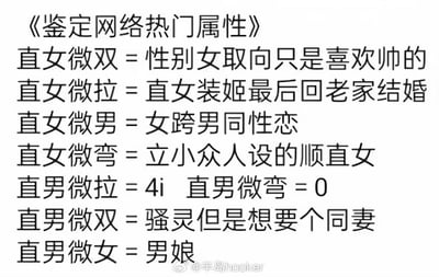 该图为一张纯文字梗图，标题为《鉴定网络热门属性》，内容以幽默调侃的方式定义了一系列“直女微X”和“直男微X”的网络流行概念。例如“直女微双 = 性别女取向只是喜欢帅的”“直女微拉 = 直女装姬最后回老家结婚”“直男微双 = 骚灵但是想要个同妻”等，整体风格偏向对网络性别属性标签的戏谑解构。