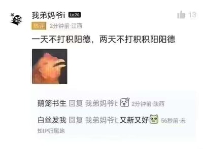 社交媒体平台截图，显示用户"我弟妈爷i"发布的一条内容："一天不打积阳德，两天不打积积阳阳德"，并配有一张模糊的鸡的图片。下方有两条回复，分别来自"鹅笼书生"和"白丝发我"。