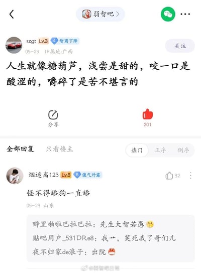 用户szgt在百度贴吧「弱智吧」发布一段人生感慨，将人生比作糖葫芦：浅尝是甜的，咬开是酸涩，嚼碎后苦不堪言，该帖获得201个赞。热门回复中用户「烟迷离123」神回复「怪不得舔狗一直舔」，将楼主的比喻与「舔狗」行为关联，调侃舔狗只尝到了表面的甜就持续付出，引发其他网友的趣味调侃，如「先生大智若愚」「笑死我了哥们儿」「出院」等，整体是充满黑色幽默的贴吧互动场景，用接地气的比喻和神回复戳中笑点。