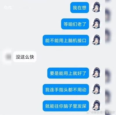 一张聊天记录截图，展示了两人的趣味对话。蓝色消息气泡中，一方畅想未来老年生活：“我在想 等咱们老了 能不能用上脑机接口 要是能用就好了 我连手指头都不用动 就能往你脑子里发屎”，另一方则用白色气泡冷静回复“没这么快”。对话以轻松调侃的语气探讨未来科技（脑机接口）在老年生活中的应用，结尾“往脑子里发屎”的玩笑话形成幽默反差，增强趣味性。