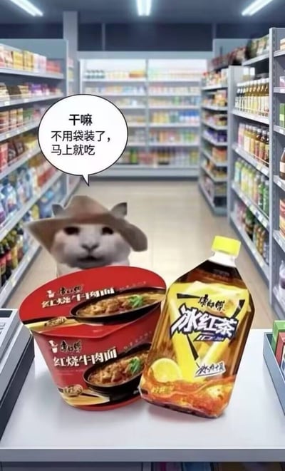 一只戴着帽子的猫站在超市货架前，面前放着康师傅红烧牛肉面和冰红茶。猫的对话气泡里写着：'干嘛不用袋装了，马上就吃'，暗示它想在超市当场吃掉这些食品，制造出一种幽默的场景。