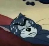 图片中是《猫和老鼠》中的角色汤姆猫，它正躺卧在红色的表面上，双眼紧闭，眉头微皱，耳朵耷拉着，表情显得十分疲惫和无奈，整体画面呈现出经典动画的手绘风格。