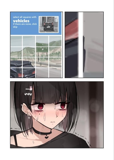 上图为一个验证码界面，蓝色标题栏显示“select all squares with vehicles if there are none, click skip”，下方是3x3网格的图片，包含公路、路标和部分车辆的模糊图像。下图是特写镜头的动漫少女：黑色短发，红色瞳孔，脸颊泛红，泪珠从眼角滑落，佩戴黑色项圈和心形项链，表情充满疲惫与绝望，仿佛因难以辨认的验证码而崩溃。整体通过对比展现网络生活中验证码带来的挫败感。