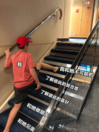 图片中一个戴着红色帽子、穿着红色T恤的男孩正在爬楼梯。他的T恤背面写着“我”，而楼梯上从下到上依次排列着文字：“和她见面”、“和她做朋友”、“了解彼此的喜好”、“了解彼此的契合度”、“我和她不可能的”。这张图通过楼梯的高度差形象地表现了从认识到建立关系的难度，最终以“我和她不可能的”作为结尾，传达出一种情感上的无奈和挫败感。