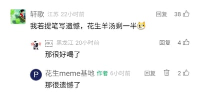这是一张社交媒体评论区的截图，展示了一段趣味互动对话。用户“轩歌”用文艺化的句式玩梗，将“花生羊汤剩一半”定义为“遗憾”，搭配狗头表情制造反差感；用户“OBJ”从羊汤的角度回应“那很好喝了”，跳出了“遗憾”的语境；最后该账号作者“花生meme基地”回复“那很遗憾了”，精准呼应开头的“遗憾”设定，形成了一个搞笑的闭环互动，整体氛围轻松诙谐，充满网友玩梗的趣味性。