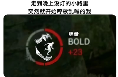 图片上方有文字“走到晚上没灯的小路里 突然就开始哼歌乱喊的我”，下方是一个游戏界面截图，显示一个圆形图标，图标内有一个人影和类似鬼魂的图案，右侧有“胆量 BOLD +23”的字样，整体用幽默的方式表现了人们在黑暗环境中通过哼歌喊叫声来壮胆的常见行为。