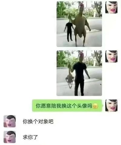 这是一张聊天记录截图，包含多图拼接和文字加注内容。上方两张图片展示了一个荒诞的骆驼人身混合形象：第一张图中该形象站立在路上，第二张图中则被一个穿黑衣服的人提着。下方聊天对话中，一方发送绿色气泡消息“你愿意陪我换这个头像吗😊”并附带同款骆驼人表情包，另一方回复“你换个对象吧”，随后请求方继续发送“求你了”并附带恳求表情。整体通过荒诞的视觉元素和幽默的对话互动，营造出朋友间调侃的搞笑氛围。