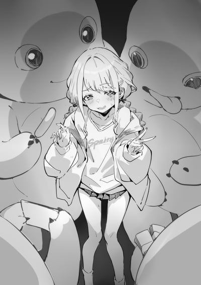 A black and white anime-style illustration featuring a young girl with short hair and an anxious expression. She is wearing a hoodie with the word "Spring" printed on it and appears to be sweating slightly. Behind her are several large, round, ghost-like creatures with big eyes. The girl is making a gesture with her hands as if trying to explain or defend herself.