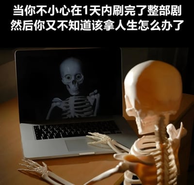 图片展示了一个骷髅模型坐在桌前，双手放在笔记本电脑上，屏幕上显示着另一个骷髅的图像。上方配有文字：'当你不小心在1天内刷完了整部剧 然后你又不知道该拿人生怎么办了'，用骷髅形象幽默地表达了 binge-watching 后的空虚感和迷茫情绪。
