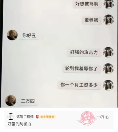 这是一张由聊天记录和平台评论组成的图文内容，展示了两人的趣味羞辱互动：用户A先主动提出想要被羞辱，用户B回复“你好丑”，用户A评价其“好强的攻击力”后，转而想要反击羞辱用户B，便问出“你一个月工资多少”这个被视为当代人“终极羞辱”的问题，用户B直接回复“二万四”，轻松化解了这场反击。下方平台用户“炼铜工程师”的评论“好强的防御力”精准吐槽了这一对话，用幽默的方式戳中了当代人对工资话题的敏感点，形成了搞笑的反差效果，整体内容充满趣味，引发网友共鸣。