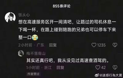 这是一张竖屏的社交媒体评论区截图，用户「饭从心」脑洞大开，提出想在高速服务区开设清吧，让路过的司机停下休息喝酒，还提到能让“陪跑的兄弟”停车喝一杯，并附带哭泣表情；用户「梅不落南山」给出迷惑回复，称这个主意可行，理由是“从没见过高速查酒驾”，这条回复还获得了作者点赞。两条评论分别收获1235和42个赞，对话充满脱离交通安全常识的搞笑感，忽略了下高速后会被查酒驾的基本常识，属于典型的迷惑脑洞发言。