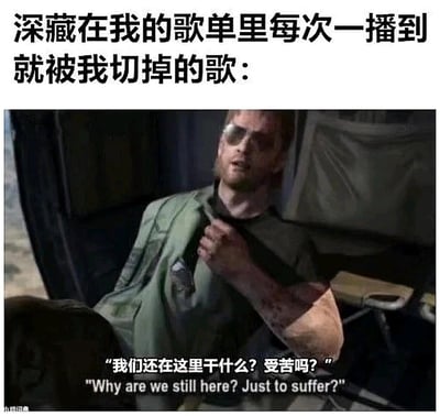 这张梗图上方有文字“深藏在我的歌单里每次一播到就被我切掉的歌：”，下方是《Metal Gear Solid V: The Phantom Pain》游戏中的角色Kazuhira Miller的截图。角色表情痛苦，单手抓住衣领，下方配有中文字幕“我们还在这里干什么？受苦吗？”及英文原文“Why are we still here? Just to suffer?”。图片通过将游戏台词与歌单中总被跳过的歌曲这一常见经历结合，幽默地表现了这些歌曲仿佛在“质问”为何仍留在歌单中却总是被跳过的场景。
