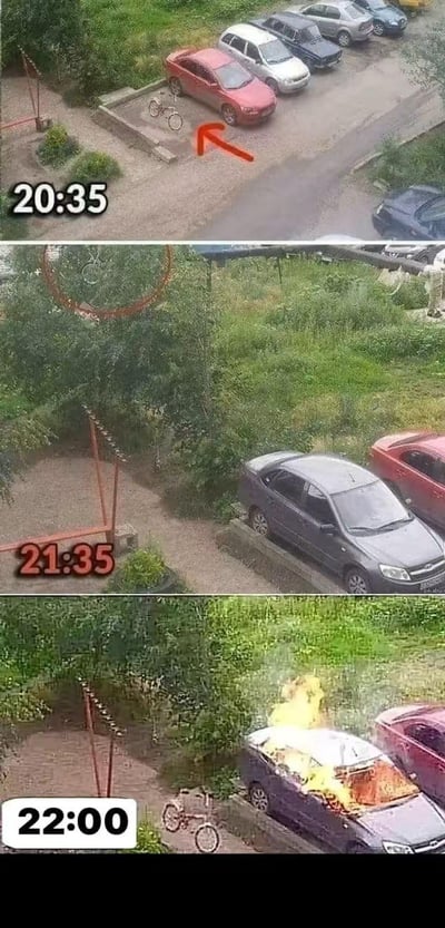这是由三张不同时间的监控截图组成的连环画面，完整记录了一处停车区域的变化：
1. 20:35：红色轿车旁的专属自行车位上停着一辆自行车；
2. 21:35：一辆深色轿车违规停在了原本的自行车位上，占据了自行车的位置；
3. 22:00：这辆违规停放的深色轿车发生剧烈燃烧，火势已经覆盖车顶和车内，场面惊险。
画面带有一种戏谑的因果暗示，仿佛违规停车的行为最终招致了“报应”，也起到了一定的安全警示作用。