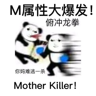 这是一张基于暴走漫画熊猫头模板二次创作的恶搞表情包。画面里两个替换了人脸的熊猫头角色，一个带着速度线做出快速出拳的攻击姿态，拳头发光；另一个被击中后口吐鲜血，身体后仰。图中配文玩了谐音梗，“M属性大爆发”对应英文“Mother Killer”，搭配“俯冲龙拳”“你妈难逃一杀”的粗俗又搞笑的文案，将脏话包装成类似游戏击杀的表述，用夸张荒诞的打斗场景和玩梗文字制造搞笑效果，多用于网络社交中的互怼、玩梗场景。
