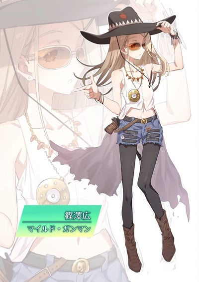 这是一幅风格化的二次元原创插画，主体是定位为“温和的枪手”的原创角色篠澤広。角色为浅金色长发的少女，身着西部牛仔风格的穿搭：带有锯齿装饰的黑色牛仔帽、浅棕色镜片墨镜、白色无袖短上衣、带英文标语的牛仔短裤、黑色裤袜与棕色牛仔靴，搭配弹壳造型项链、骨制项链、腰间枪套等充满西部风格的配饰。少女一只手扶着牛仔帽，另一只手比出指向的手势，姿态随性帅气；背景叠加了她的半透明放大特写，强化了角色的细节表现力。图中无谐音梗、双关或暗示内容。