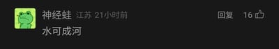 这是一张深色背景的社交媒体评论区屏幕截图，左上角是用户的卡通青蛙头像，青蛙撇嘴，神态略显低落；头像右侧依次显示用户昵称“神经蛙”、所在地“江苏”以及发布时间“21小时前”。头像下方是用户发布的评论内容“水可成河”，截图右上角设有“回复”按钮，同时标注了16的点赞数量。该评论内容简洁直白，未包含双关、谐音梗或其他暗示性内容。