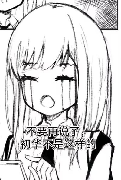 这是一张黑白漫画线稿风格的图片，画面主体是一位留着长发的女孩，她双眼紧闭，脸上挂着明显的泪水，嘴巴张开，情绪十分激动，双手似乎捧着某个物品。图片下方配有文字“不要再说了，初华不是这样的”，展现出女孩正在急切地为名为“初华”的人辩解，试图阻止他人对初华的负面评价，整体画面充满了悲伤和急切的情绪，传递出强烈的维护他人的态度。