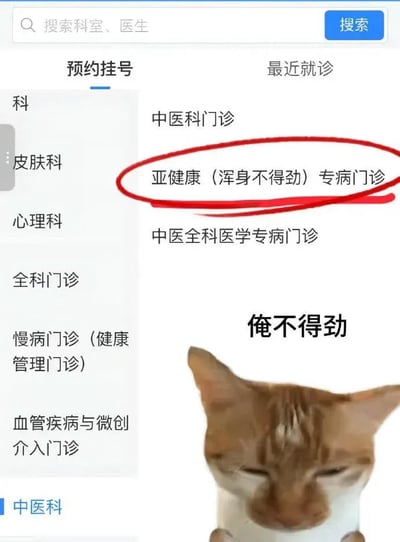 图片左侧为医院预约挂号界面，左侧科室栏列出皮肤科、心理科、全科门诊等选项，中间“中医科门诊”下方的“亚健康（浑身不得劲）专病门诊”被红色圆圈重点标注。图片下方拼接了一只表情萎靡的橘白猫咪，猫咪上方配有文字“俺不得劲”，通过医疗界面与猫咪表情包的结合，幽默展现现代人对亚健康状态的共鸣。