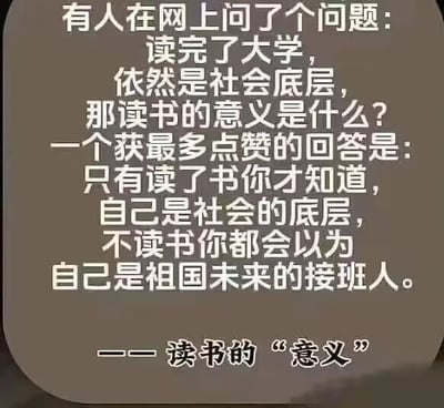 这是一张纯文字类静态图，以浅灰色为背景，白色字体呈现核心内容，底部用黑色字体标注标题“——读书的‘意义’”。图中内容先是呈现了一个网络热门提问：有人在网上询问，读完大学后依然身处社会底层，那么读书的意义究竟是什么？随后给出了一个获高赞的自嘲式回答：只有读了书才会认清自己处于社会底层，不读书则会对自己的未来抱有不切实际的美好幻想。这段内容用反讽、幽默的语气，调侃了部分年轻人在大学毕业后遭遇的现实与理想的落差，引发网友对读书意义的讨论与共鸣。针对图中的问题，读书的意义其实更多在于精神层面的富足与自我提升：它能拓宽我们的认知边界，培养独立思考的能力，让我们拥有更丰富的精神世界；同时读书也为我们提供了更多选择的可能，即便暂时身处困境，也能凭借知识和思维的积累，拥有突破现状的底气，这些价值是无法单纯用社会阶层来衡量的。