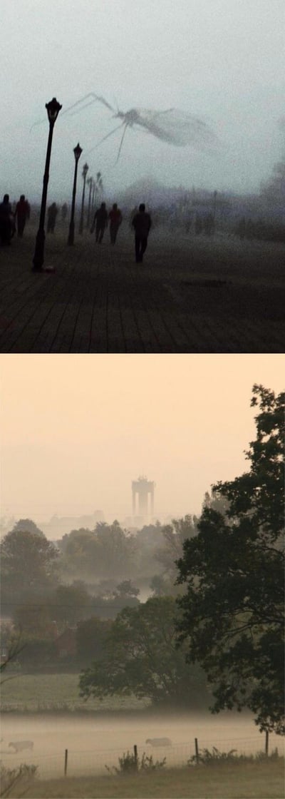 上下两张迷雾笼罩的风景照对比。上图中，一群人在雾气弥漫的木板路上行走，路灯林立，而在浓雾背景中赫然出现一只体型巨大、外形类似蜘蛛的神秘生物，长肢展开，悬浮在空中，营造出超现实的恐怖氛围。下图则展现了另一处雾气朦胧的自然景观，前景有树木，远处可见一座水塔，整体氛围偏向宁静神秘而非恐怖。